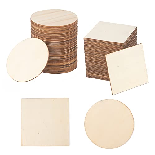100 PCS Unfinished Wood Pieces 4 x 4 Inch Blank Wooden Slices Wood Chips for Home Decoration Wooden Coasters and DIY Crafts, Includes 50 Pcs Wood