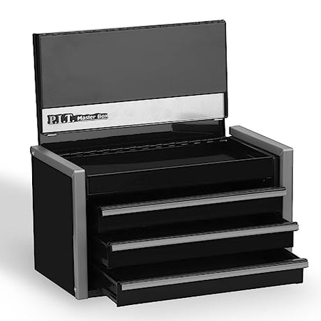 P.I.T. Mini Black Tool Box, Portable 3 Drawer Steel Tool Box with Magnetic Tab Locking, Black Micro Top Chest with Liner for Tools Storage, Home DIY P.I.T.