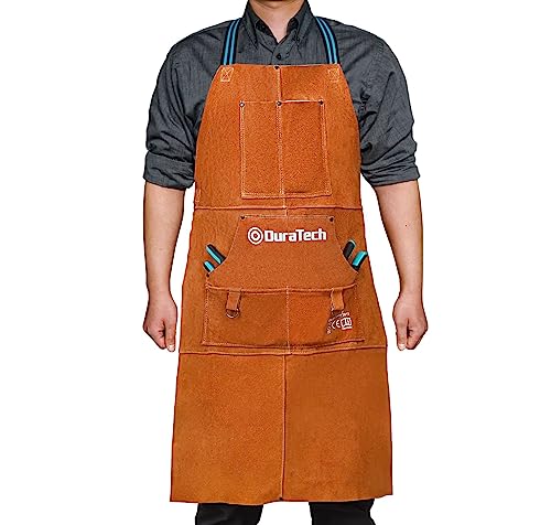 DURATECH Welding Apron, 36" Leather Welding Apron Heat Flame Resistant, Heavy Duty Welding Apron with 6 Tool Pockets, 100% Cowhide Leather Work Apron - WoodArtSupply