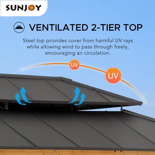 Sunjoy 12 x 20 ft. Wood Gazebo, Outdoor Patio Steel Hardtop Gazebo, Cedar Framed Wooden Gazebo with 2-Tier Metal Roof, Suitable for Patios, Lawn and Sunjoy