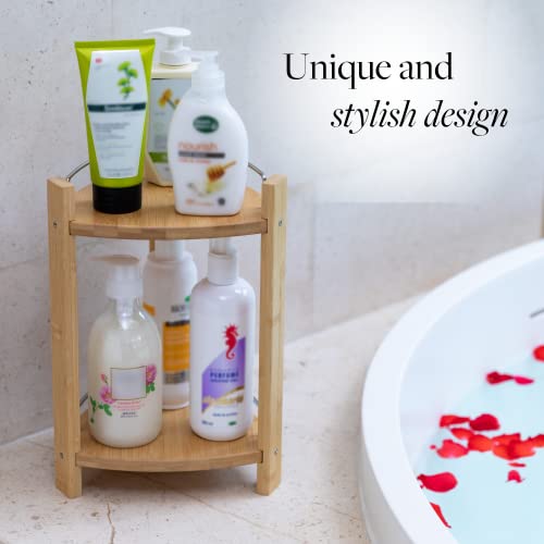 GOBAM Bamboo Shower Corner Caddy, Medium - 2 Tier Standing Shower Stand for Shampoo, Conditioner, Lotion, Soap - Caddy Organizer for Kitchen, GOBAM