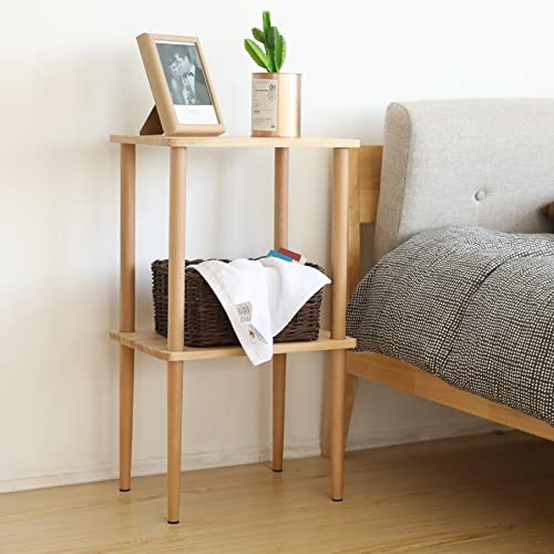 exilot Solid Wood Side Table, 2-Tier End Table with Storage Shelves, Tall Nightstand Bedside Table for Living Room Bedroom Office No-Tool Assembly exilot