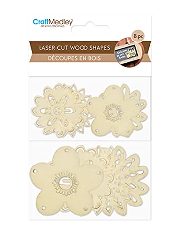 CraftMedley Miniature Laser Cut Wood Shapes - Flowers - 8 Pieces (4 Large, 2 Small), Brown Craft Medley