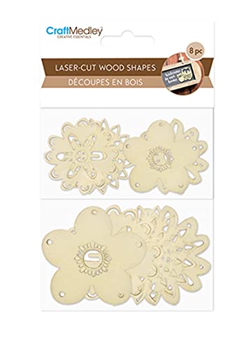 CraftMedley Miniature Laser Cut Wood Shapes - Flowers - 8 Pieces (4 Large, 2 Small), Brown - WoodArtSupply