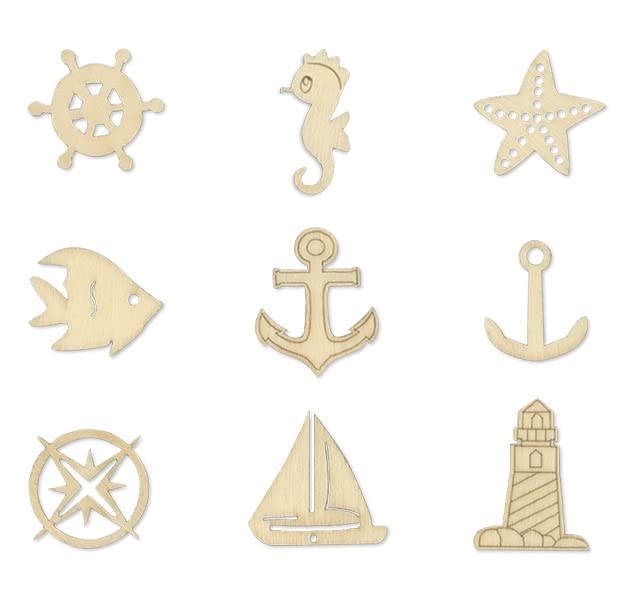 Mini Laser Cuts Wood Shape - Nautical, Anchor, Sailboat, Lighthouse, and More - 45 Pieces - 1'' Across Forever in Time