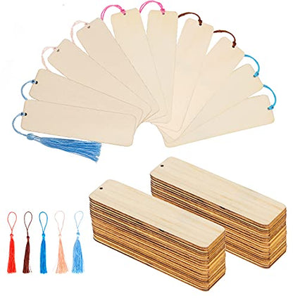 Wood Blank Bookmarks, Rectangle Thin Wooden Book Marks Hanging Tag with 36pcs Colorful Tassels for Wedding Birthday Party Decoration DIY Projects -