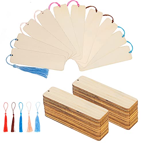 Wood Blank Bookmarks, Rectangle Thin Wooden Book Marks Hanging Tag with 36pcs Colorful Tassels for Wedding Birthday Party Decoration DIY Projects - - WoodArtSupply