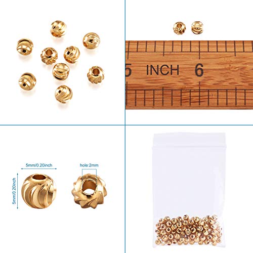 Craftdady 100pcs 18K Gold Corrugated Round Spacer Beads 5mm Tiny Brass Rondelle Ball Loose Beads for Jewelry Making Hole: 1.5-2mm Craftdady