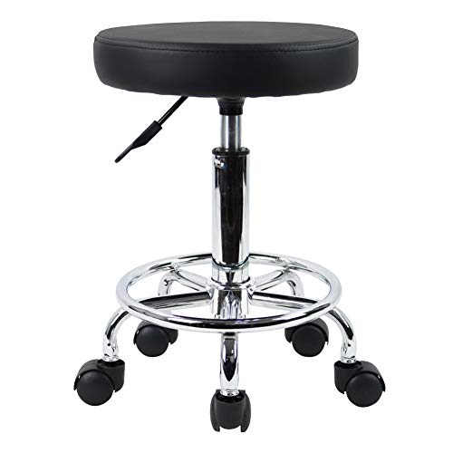 KKTONER PU Leather Round Rolling Stool with Foot Rest Swivel Height Adjustment Spa Drafting Salon Tattoo Work Office Massage Stools Task Chair Small KKTONER