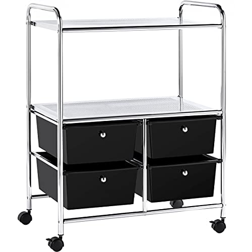 Yaheetech Rolling Storage Cart with 4 Drawers 2 Shelves Plastic Trolley on Wheels for Home Office School Beauty Salon, Black