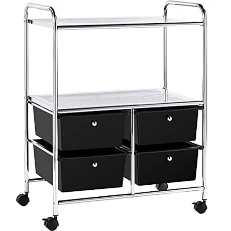 Yaheetech Rolling Storage Cart with 4 Drawers 2 Shelves Plastic Trolley on Wheels for Home Office School Beauty Salon, Black Yaheetech