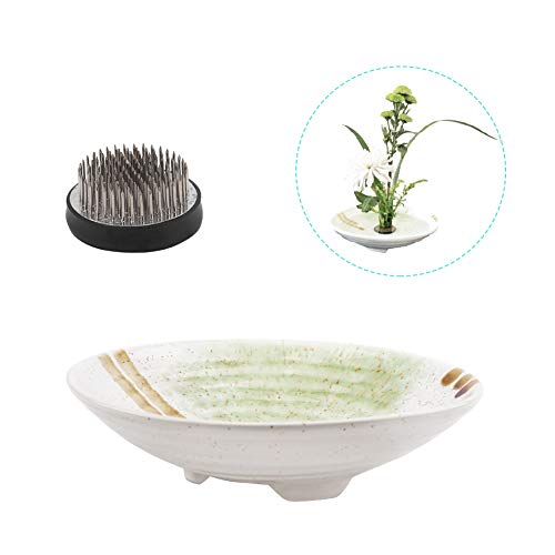 WANDIC Flower Arranging Supplies, Set of 2, Round Flower Frog & Ceramic Ikebana vases for Ikebana Floral Arrangement Art Home Decoration, Plate Shape - WoodArtSupply