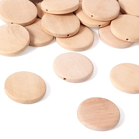Craftdady 50Pcs Unfinished Natural Flat Round Wood Coin Beads Circle Round Wooden Slices Cutouts 1.18 Inch Unpainted Board Tags for Jewelry Craft Craftdady