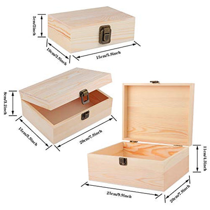 ADXCO 3 Pack Unfinished Wood Treasure Chest Decorative Wooden Box Pine Wood Box with Locking Clasp for Crafts, Art, Hobbies, Projects, Jewelry Box