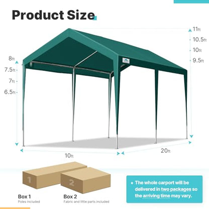 ADVANCE OUTDOOR Adjustable 10x20 ft Heavy Duty Carports Car Canopy Garage Boat Shelter Party Tent, Adjustable Height from 9.5 ft to 11 ft, Green