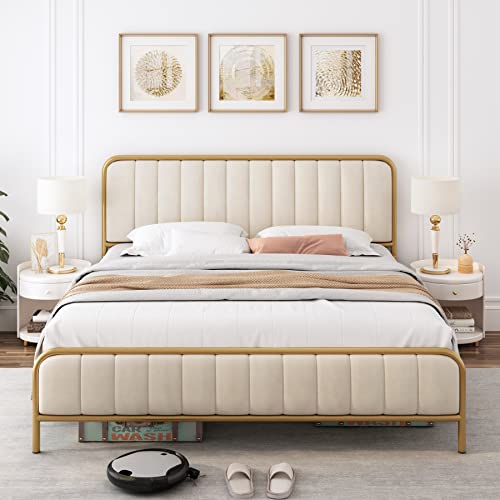 HITHOS Queen Size Upholstered Bed Frame with Button Tufted Headboard and Heavy Duty Metal Base HITHOS
