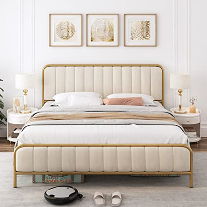 HITHOS Queen Size Upholstered Bed Frame with Button Tufted Headboard and Heavy Duty Metal Base - WoodArtSupply