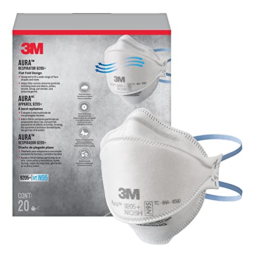 3M Aura Particulate N95 Respirator 9205+, Flat Fold Lightweight Design, Non-Valved, 20 Count (Pack of 1) - WoodArtSupply