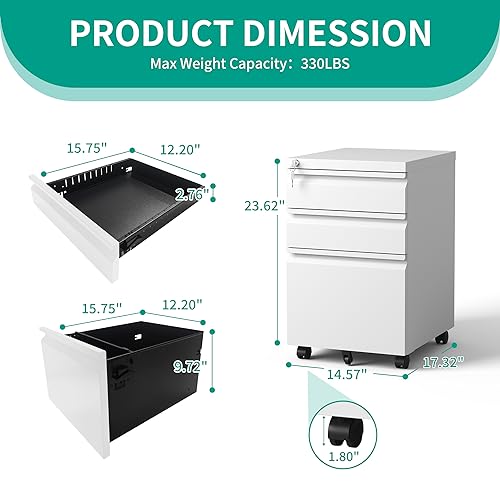 VIYET 3 Drawers Mobile File Cabinet, Rolling File Cabinet Fully Assembled Under Desk, Metal Filing Cabinet with Lock for Home Office Organizer VIYET