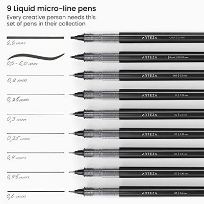 ARTEZA Micro-Line Ink Pens, Set of 9, Black Fineliners with Japanese Archival Ink, Art Supplies for Comic Artists and Illustrators - WoodArtSupply