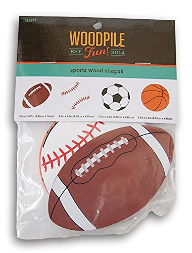Craft Supply Sports Balls Painted Wood Cutout Shapes - 4 Mini Pieces - Football, Baseball, Soccer Ball, and Basketball Multi Craft Supply