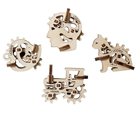 UGEARS 70029 U-Fidgets Tribiks Puzzle Pieces Set with 4 Models Anti-Stress 3D Puzzle Self Assembly Kit 4 Mini Miniature Model Mechanical Models UGears