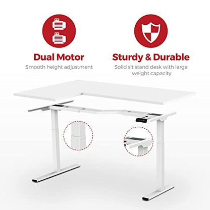 SANODESK 63-Inch Large Dual Motor L-Shaped Electric Height Adjustable Standing Desk - Reversible Panel - White Top/White Frame - Ideal for Gaming,