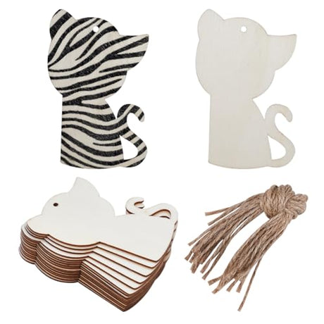 GORGECRAFT 20PCS Cat Wood Cut Out Wooden Christmas Tags Unfinished Wood Pendants Hanging Slices Ornaments Sets with Hole Ropes for Crafts Wedding GORGECRAFT