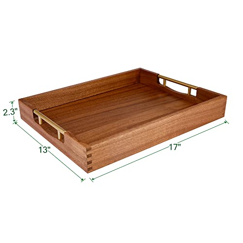 LotFancy Wood Serving Tray, 17x13”, Sapele Mahogany Large Food Tray with Gold Handles, Decorative Wooden Tray for Living Room, Ottoman, Coffee Table, LotFancy