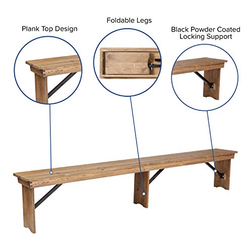 Flash Furniture Hercules Commercial Grade Farmhouse 3 Leg Bench - Solid Pine Foldable Bench with Seating for 4 - 8'x12" - Antique Rustic - WoodArtSupply