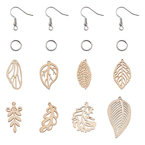 FASHEWELRY 80Pcs Unfinished Leaf Wooden Earrings Pendants 8 Styles Natural Filigree Hollow Wood Leaf Charms with 80Pcs Jump Rings & 80Pcs Earring