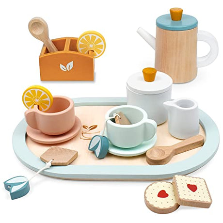 PairPear Wooden Tea Set for Little Girls, Wooden Toys Toddler Tea Set Play Kitchen Accessories for Kids Tea Party with Play Food. PairPear