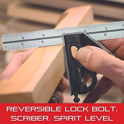 Starrett Steel Combination Square with Square Head and Center Head - 12" Blade Length, Hardened Steel, Reversible Lock Bolt, Scriber, Spirit Level - Starrett