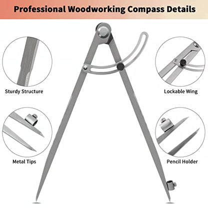 Pencil Compass 12 inch, Precision Woodworking Compass with Wing Divider and Pencil Holder, Metal Compass Ideal for Geometry Drafting and Technical - WoodArtSupply