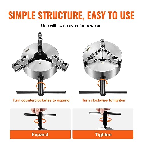 VEVOR 3-Jaw Lathe Chuck, 10'', Self-Centering Lathe Chuck, 0.24-9.84 in/6-250 mm Clamping Range with T-key Fixing Screws Hexagon Wrench, for Lathe 3D - WoodArtSupply