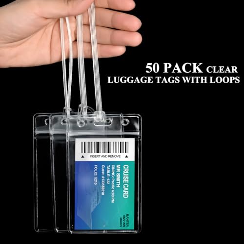 50 Pack Clear Plastic Luggage Bag Tag Holder Badge Label Tag Holder with 50 Pack Luggage Loops Straps for Office Business Travel Supplies koorito