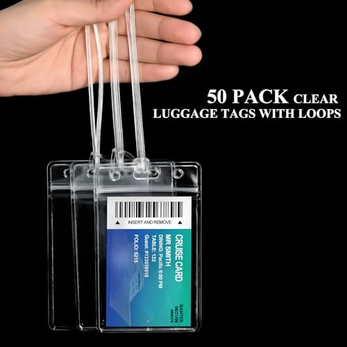 50 Pack Clear Plastic Luggage Bag Tag Holder Badge Label Tag Holder with 50 Pack Luggage Loops Straps for Office Business Travel Supplies - WoodArtSupply