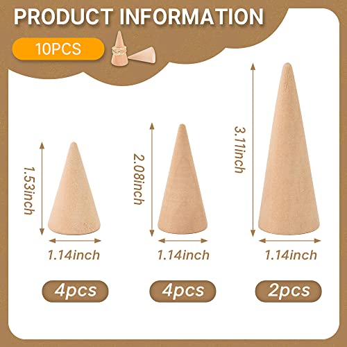 Luckforest Natural Wood Cones, 10Pcs 3 Different Sizes Wood Cone Rings Holder Jewelry Display Stand Vertical Shaped Unpainted Wooden Cones for Girls Luckforest