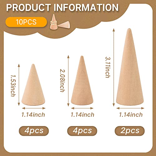 Luckforest Natural Wood Cones, 10Pcs 3 Different Sizes Wood Cone Rings Holder Jewelry Display Stand Vertical Shaped Unpainted Wooden Cones for Girls