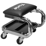 AR7451B Torin Heavy Duty Rolling Creeper Garage/Shop Seat: Padded Mechanic Stool with Tool Tray Storage and Cup Holder, Black Torin