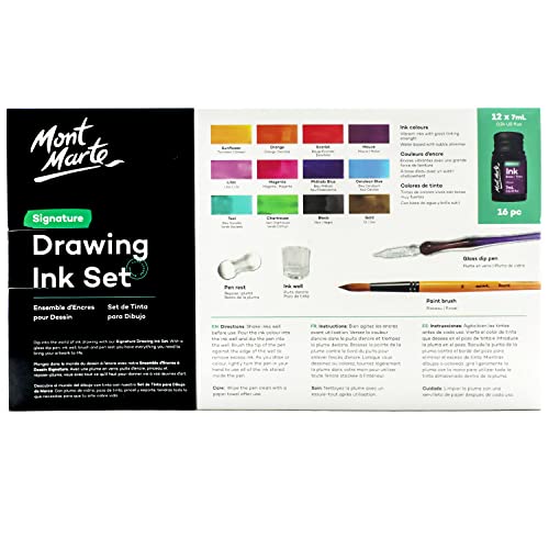 Mont Marte Drawing Ink Kit Signature 16pc, Great Art Set, Includes 12 x 7ml (0.24 US fl.oz) Ink Colours, Glass Dip Pen, Paint Brush, Pen Rest, Ink MONT MARTE