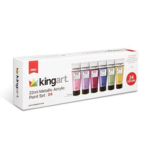 KINGART Metallic Acrylic Paint, Set of 24 Colors, 0.74 oz/22 ml Tubes with  Storage Box