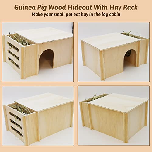 Fhiny Guinea Pig Wood House with Hay Feeder, Detachable Chinchilla Hut Hideout Small Animal Hideout Hideaway Natural Hamster Habitat Decor for Guinea - WoodArtSupply