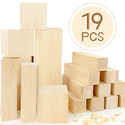 Basswood Carving Blocks, 19PCS Whittling Wood Blocks Wood Carving Kit with 3 Different Sizes, Bass Wood for Wood Carving Easy to Use, for Kids and