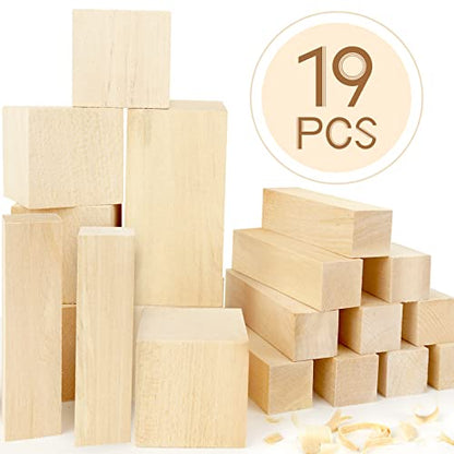 Basswood Carving Blocks, 19PCS Whittling Wood Blocks Wood Carving Kit with 3 Different Sizes, Bass Wood for Wood Carving Easy to Use, for Kids and - WoodArtSupply