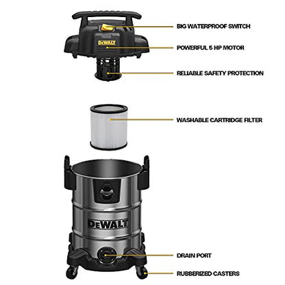 DeWalt DXV08S Wet/Dry Vacuum 8 Gallon 4 Peak HP, Stainless Steel, Silver - WoodArtSupply