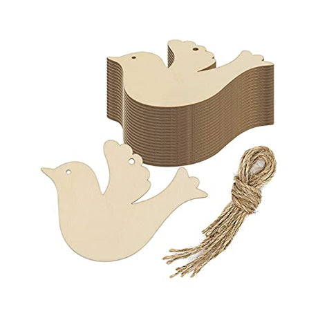 Creaides 20Pcs Bird Wood DIY Crafts Cutouts Wooden Dove Shaped Hanging Ornaments with Hole Hemp Ropes Gift Tags for Wedding Birthday Christmas Creaides
