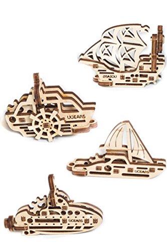 UGEARS 70035 U-Fidgets Schiffe Pieces-Set of 4 Anti-Stress 3D Puzzle-Self-Assembly 4 Mini Miniature Mechanical Models-Plywood Construction kit