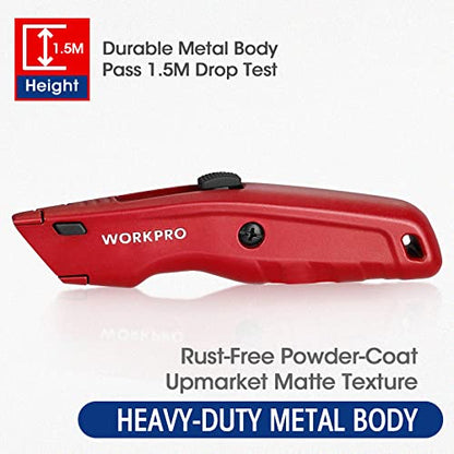 WORKPRO Premium Utility Knife, Retractable All Metal Heavy Duty Box Cutter, Quick Change Blade Razor Knife, with 10 Extra Blades - WoodArtSupply