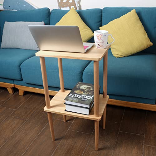 exilot Solid Wood Side Table, 2-Tier End Table with Storage Shelves, Tall Nightstand Bedside Table for Living Room Bedroom Office No-Tool Assembly exilot